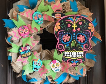 Dia De Los Muertos Wreath, Day of the Dead Wreath, Sugar Skull Wreath, Halloween Wreath, Skull Wreath! Halloween Door Decor, ONLY 1!