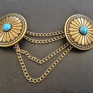New! Celtic, Cloak closure set, 33mm Bronze coloured Metal shank buttons and 90cm double loop Chain wrap celic cloak closure.