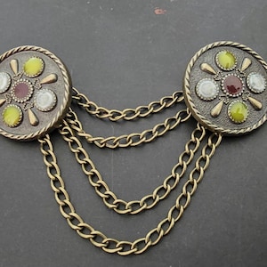 New! Celtic Cloak clasp, 25mm Bronze coloured Metal, embellished with gem stones, buttons and 170mm single looped, Chain wrap cloak closure.