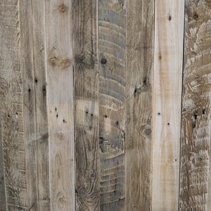 May include: A close-up of a weathered wood panel made of several vertical planks. The wood is a light brown colour with some darker brown streaks and knots. The planks are joined together with nails.