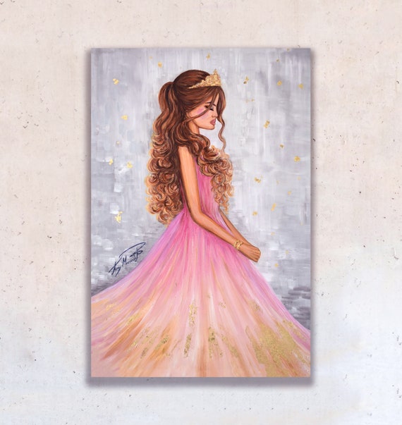 Princess Wall Art Modern Oil Painting Pink Princess Dress Fashion