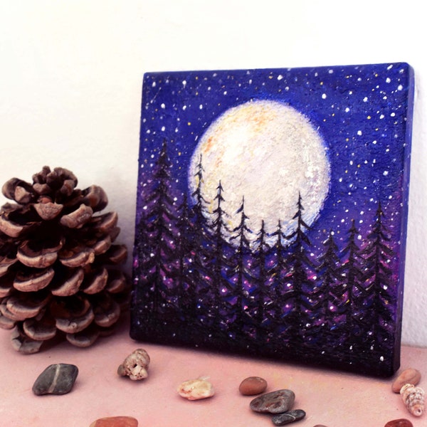 Pleine Lune dans la nuit Ciel étoilé Mini 6x6 '' Peinture originale Forêt Mur Art Nuit Lumière Pleine Lune Arbres à feuilles persistantes