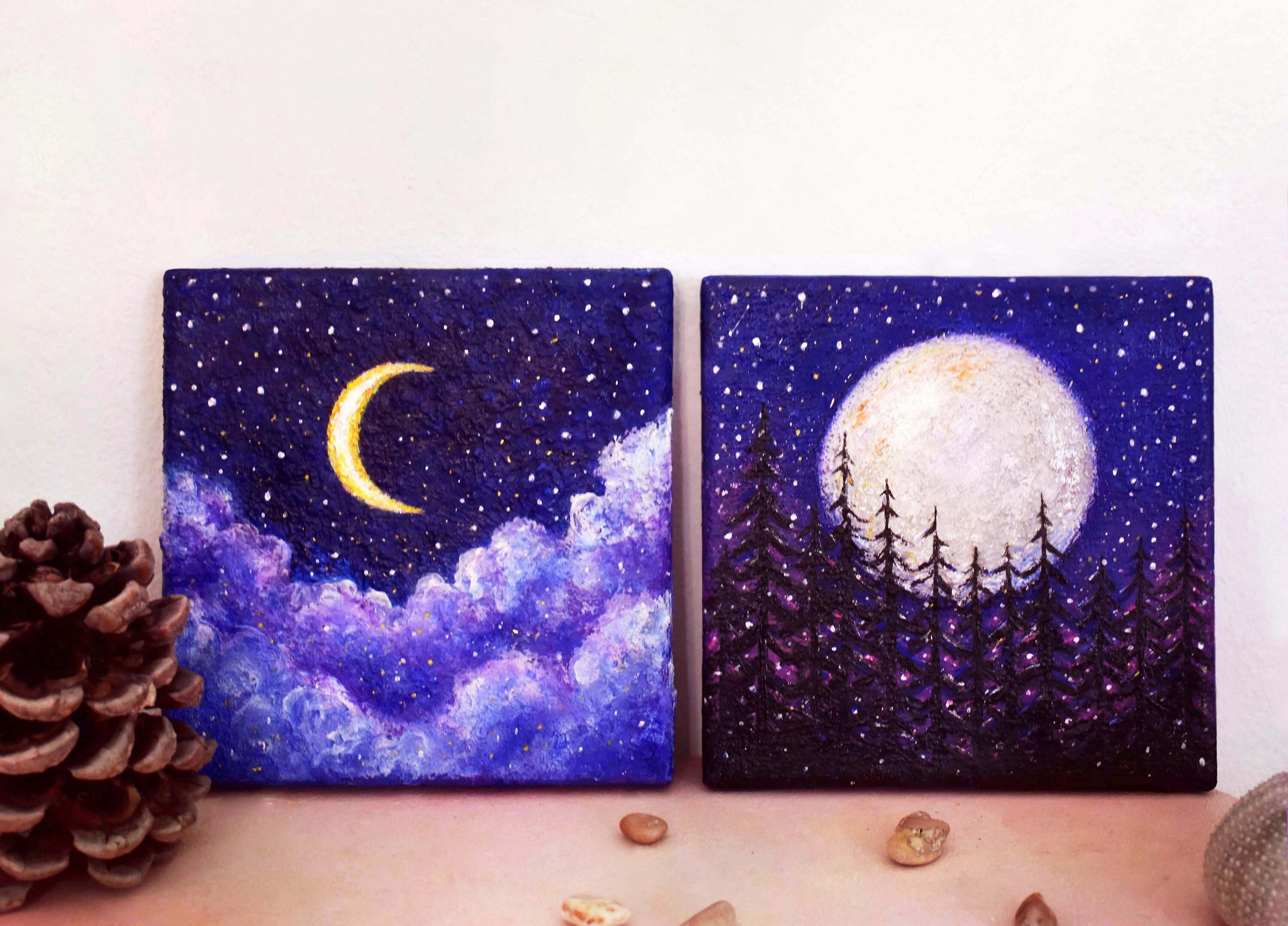 Dreamy Moon Night Starry Sky Original Small Painting 6x6 Golden