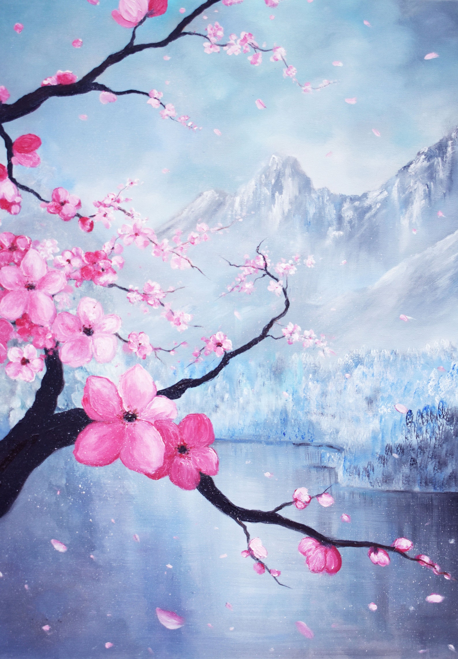 Cherry Blossom Painting Pink Wall Art Pink Sakura Painting