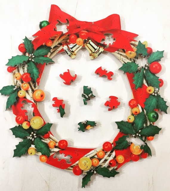 Rustic Christmas Holly Wreath Wooden Jigsaw Puzzle Handmade Etsy