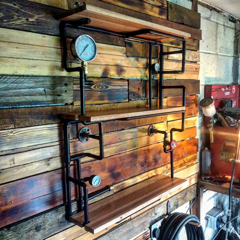 Retro Industrial Rustic Hardwood Shelves steampunk wall art Etsy