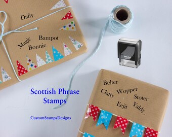 Scottish Phrase Rubber Stamps. 10 designs, 5 ink colours, choose from Eejit, Belter, Bonnie, Dafty etc or personalised with your own wording