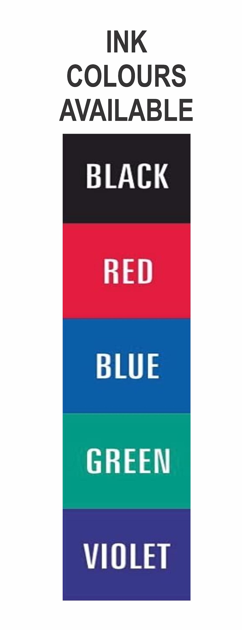 Op de afbeelding: Beschikbare inktkleuren: zwart, rood, blauw, groen en violet. De kleuren worden weergegeven in een verticale stapel van vijf rechthoekige blokken.