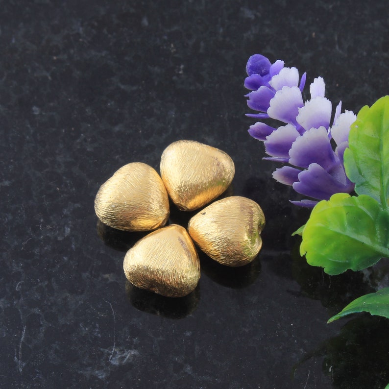 Heart Shape Brushed Gold Vermeil Spacer beads Gold for jewelry making 12 MM 4 Piece Finest Quality 925 Sterling Silver