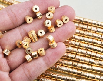 1 Strand 6x4mm - 46pcs Gold Beads - long cylinder beads - gold spacer beads - brushed Gold plated drum beads for jewelry making, 8 Inch