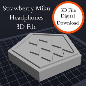 May include: A gray 3D printed model of a hexagonal object with a textured surface. The object has a raised design of diagonal lines. The image includes the text "Strawberry Miku Headphones 3D File" and "3D File Digital Download".