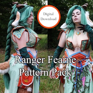 Op de afbeelding: Een digitaal downloadpatroonpakket voor een groen en oranje kostuum met een hertachtige staart, getiteld "Ranger Fearne Pattern Pack".