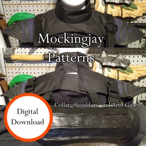 May include: Black and blue Mockingjay costume patterns for a collar, shoulders, and arm guard. Digital download.
