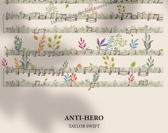 Anti-Hero Music Sheet Poster | Taylor Swift, Watercolor Floral (Digital Download)