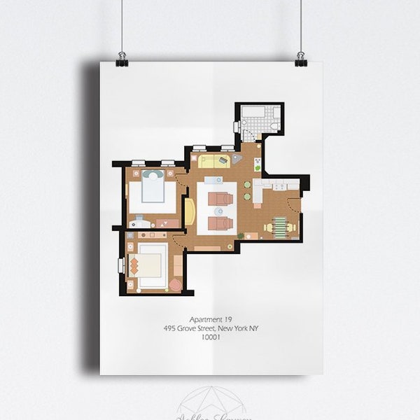 Amis d’inspiration format affiche impression - Plan d’étage appartement de Joey - A2 - redimensionnable | Téléchargement numérique | Art mural | TV Show Art | Minimaliste