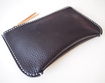 Leather Flat Zipper Pouch, Leather Zip Pouch, Leather Zip Bag, Leather Clutch Bag, Leather Purse - Black