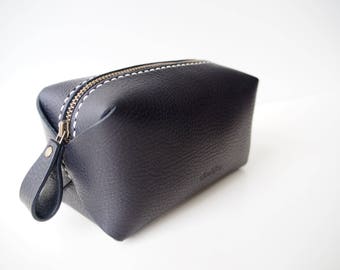 Leather Zipper Pouch, Leather Zipper bag, Leather Cosmetic Bag, Leather Zip Bag, Leather Vanity Bag - Black