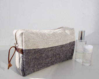 Linen Wash Bag (L) - Linen Toiletry Bag, Linen Makeup Bag, Linen Travel Bag, Linen Pouch - Black Big Stripe