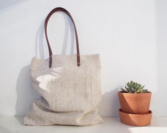 Linen Tote Bag, Linen Bag, Linen Shopping Bag, Beach Bag, Market Bag - Plain / Brown Leather Handle