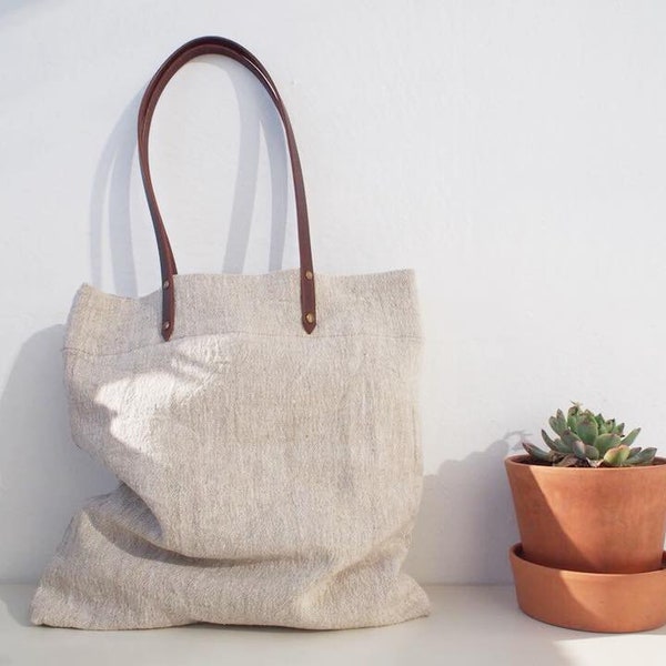 Linen Tote Bag, Linen Bag, Linen Shopping Bag, Beach Bag, Market Bag - Plain / Brown Leather Handle