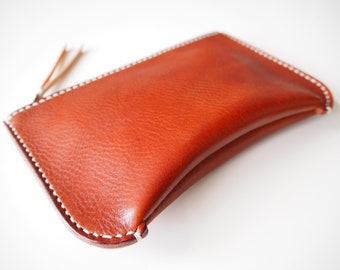 Leather Flat Zipper Pouch, Leather Zip Pouch, Leather Zip Bag, Leather Clutch Bag, Leather Purse  - Tan