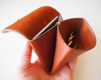 Leather Origami Wallet, Minimal Wallet, Leather Coin Purse, Coin Case, Leather Card Case - Landscape / Tan