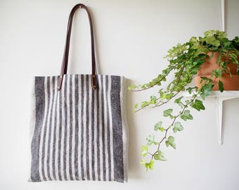 Linen Tote Bag, Linen Bag, Linen Shopping Bag, Beach Bag, Market Bag - Black Small Stripe