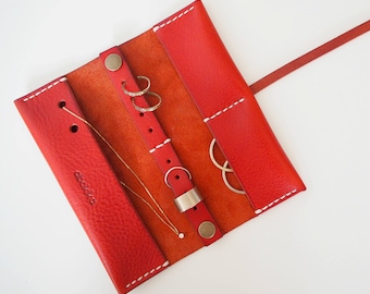 Leather Travel Jewellery Roll, Leather Travel Jewellery Case, Leather Jewellery Organiser, Leather Travel Watch Roll - Red