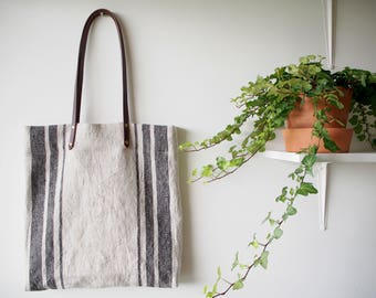 Linen Tote Bag, Linen Bag, Linen Shopping Bag, Beach Bag, Market Bag - Black Three Stripe