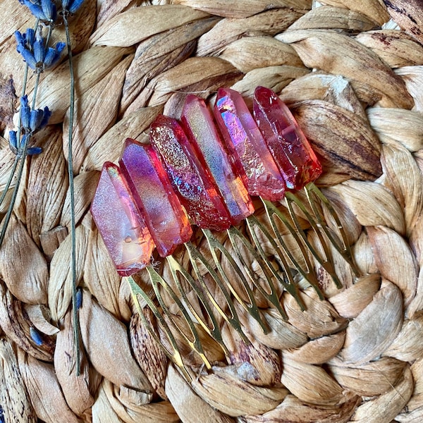 Red/Pink Angel Aura Crystal - Stone large hair comb