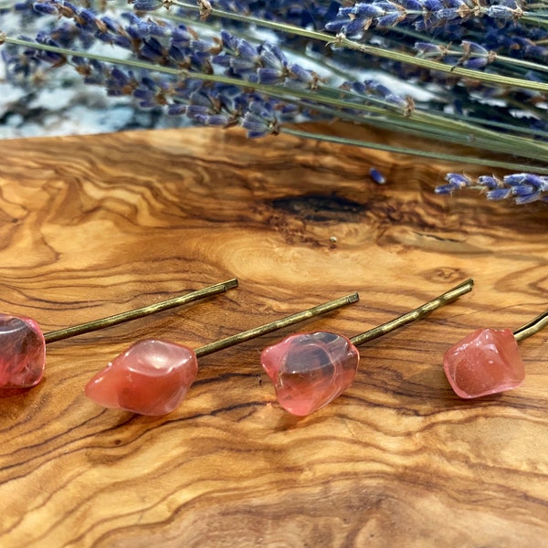 Cherry Quartz Crystal - Bobby pins - set of 4