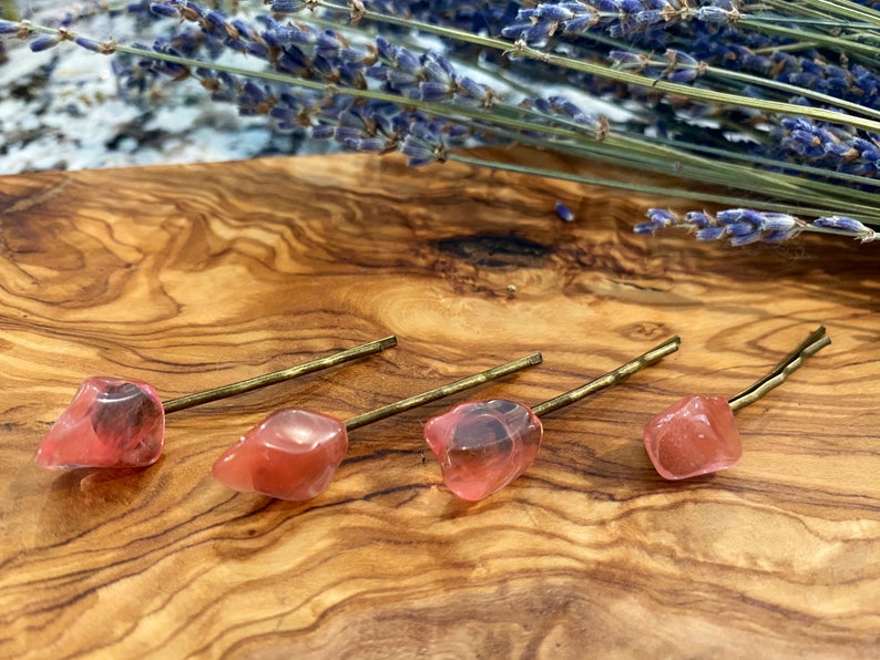 Cherry Quartz Crystal Bobby pins set of 4 image 1