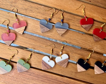 Wood & resin Heart earrings with Crystal beads