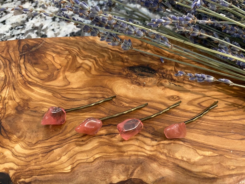 Cherry Quartz Crystal Bobby pins set of 4 image 2