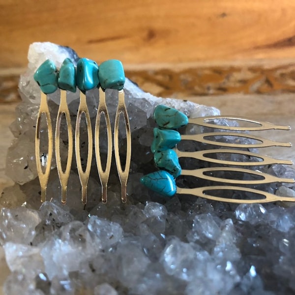 Turquoise crystal- stone hair comb Set of 2