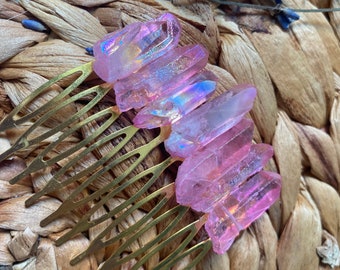 Pink Angel Aura Crystal - Stone large hair comb