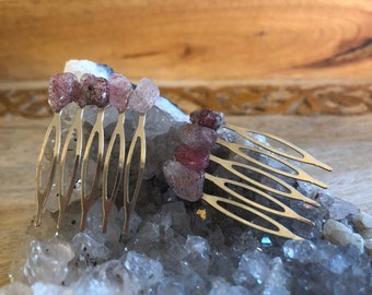 Strawberry Quartz crystal - stone hair comb - set of 2