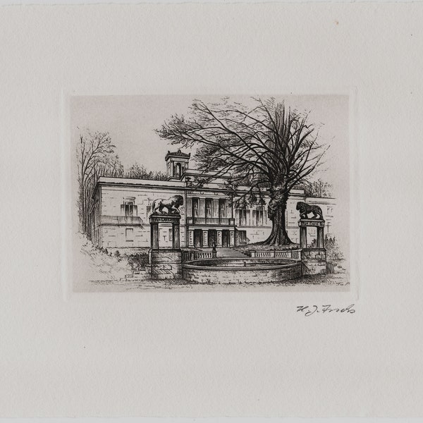 Copper engraving. Original. South side of Glienicke Castle with lion fountain and Medici lions.