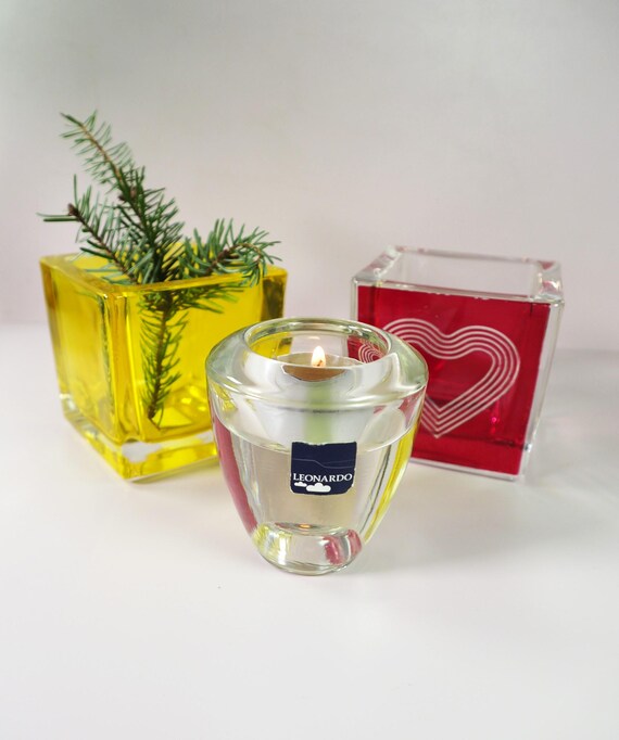 Brand LEONARDO. Two Vintage Square Vases and a Candlestick in the ART DECO Style. Heavy Massive Glass