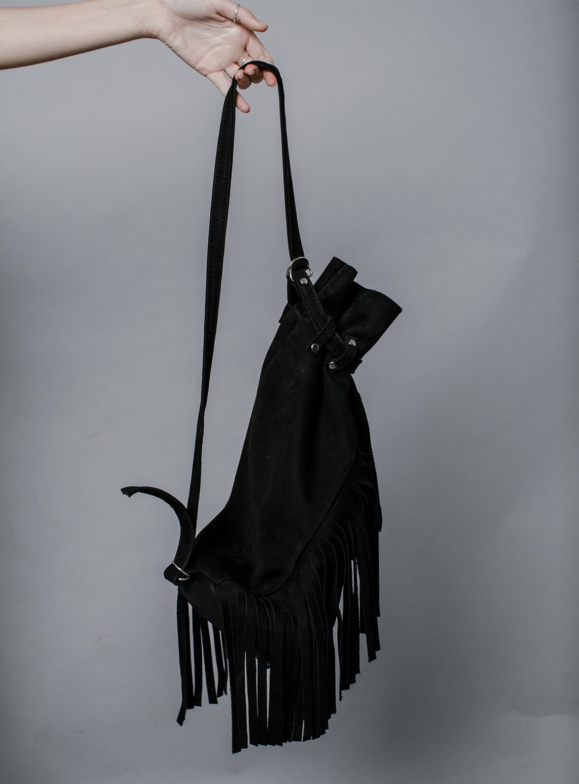Black genuine leather designer fringe bag / Dark fashion | Etsy