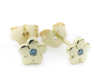 Mini Daisy Flower Stud Earring with Blue diamonds for Baby or adults in 14K Gold or Silver - screw back earrings flower earring