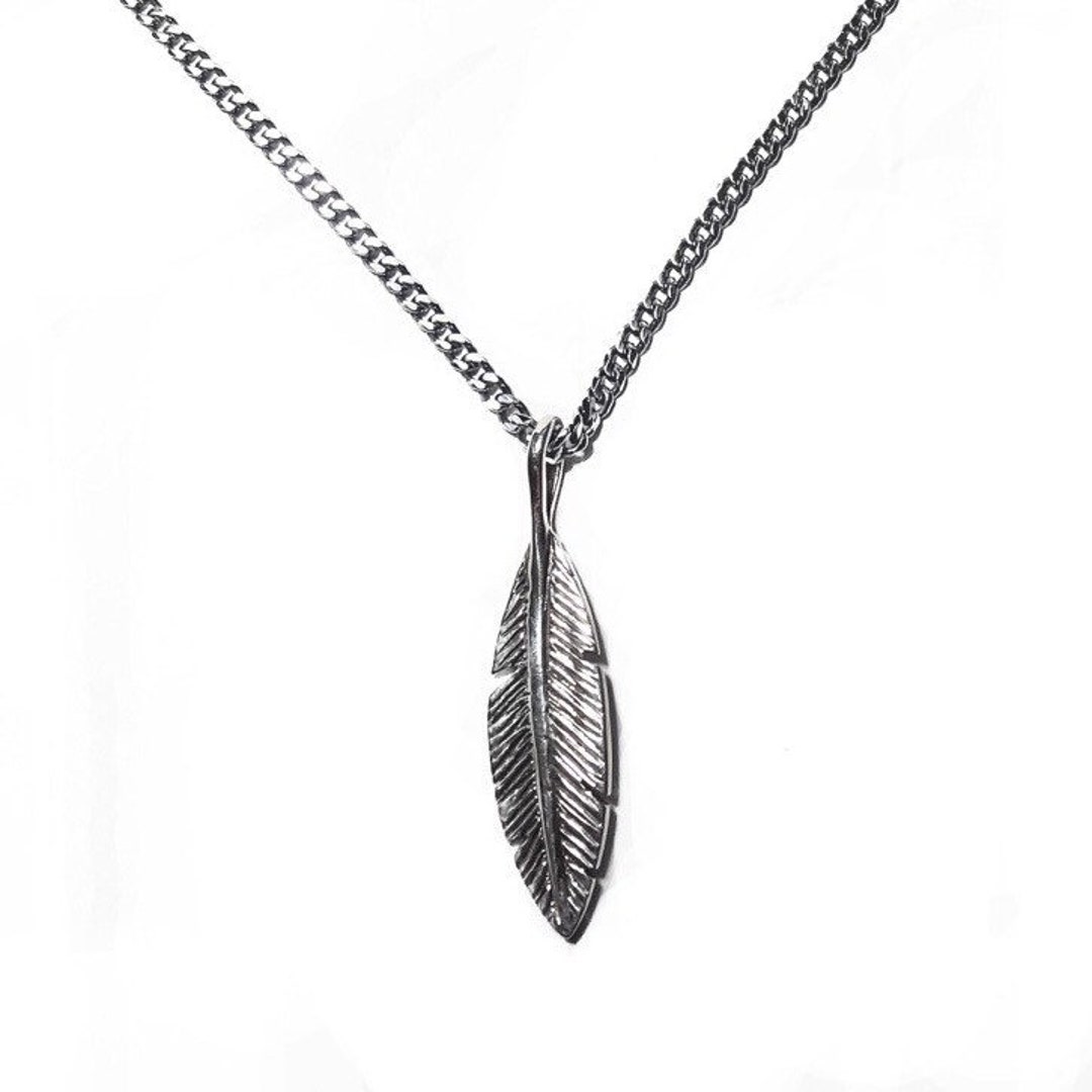 Men s Feather Necklace on Chain in Silver or Gold Tattoo Graphic