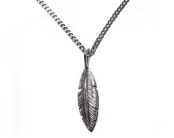 Men's Feather necklace on chain in silver or gold, tattoo graphic feather