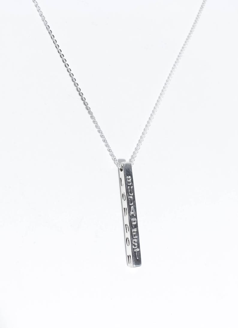 Stamped Birthday Date Name Tag Jewelry Initials Personalised Engeaved Bar Necklace in Solid Sterling Silver or 14k gold Coordinates