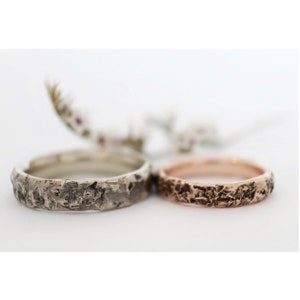 Rough stone textured half round and 6mm wide hammered wedding ring for him or her in gold or silver, natural rock textured ring image 2