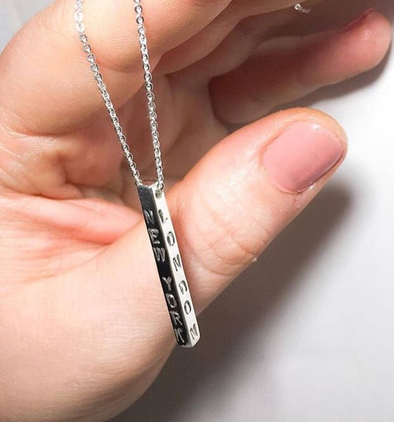 Stamped Birthday Date Name Tag Jewelry Initials Personalised Engeaved Bar Necklace in Solid Sterling Silver or 14k gold Coordinates