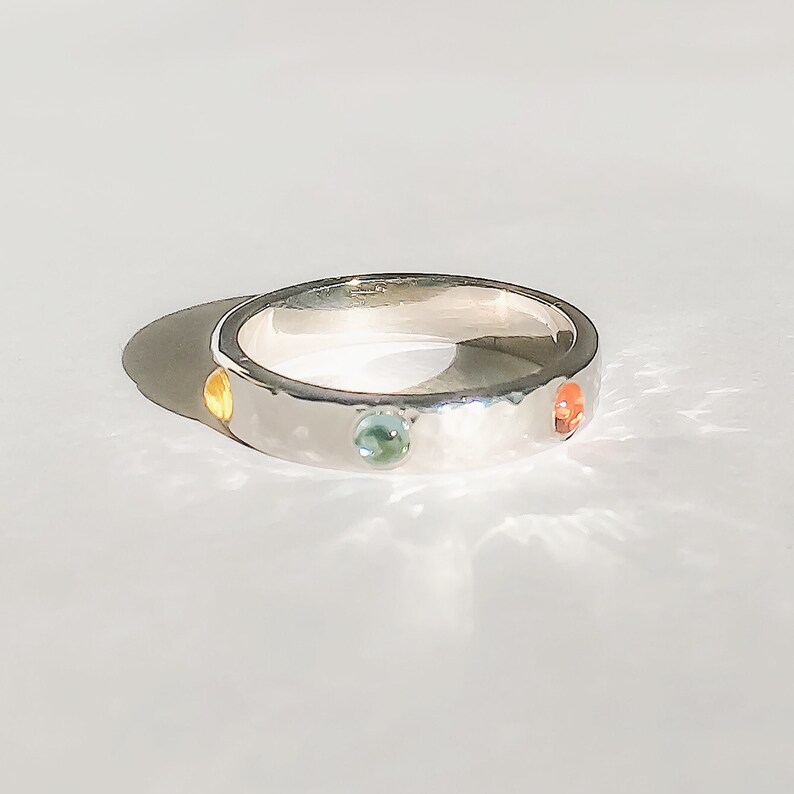 Gold or Silver Mini Sapphire Cabochon Ring, Special colorful Wedding Band or Engagement Ring with gemstones colors of the rainbow image 4