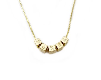 Personalized Letter Cube Name Necklace with Monogram or Initials in gold or silver or brass, alphabet and ABC charms