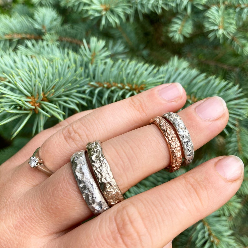 Rough stone textured half round and 6mm wide hammered wedding ring for him or her in gold or silver, natural rock textured ring image 4