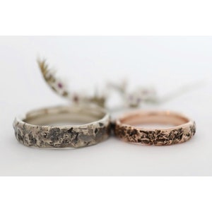 Rough stone textured half round and 6mm wide hammered wedding ring for him or her in gold or silver, natural rock textured ring image 6